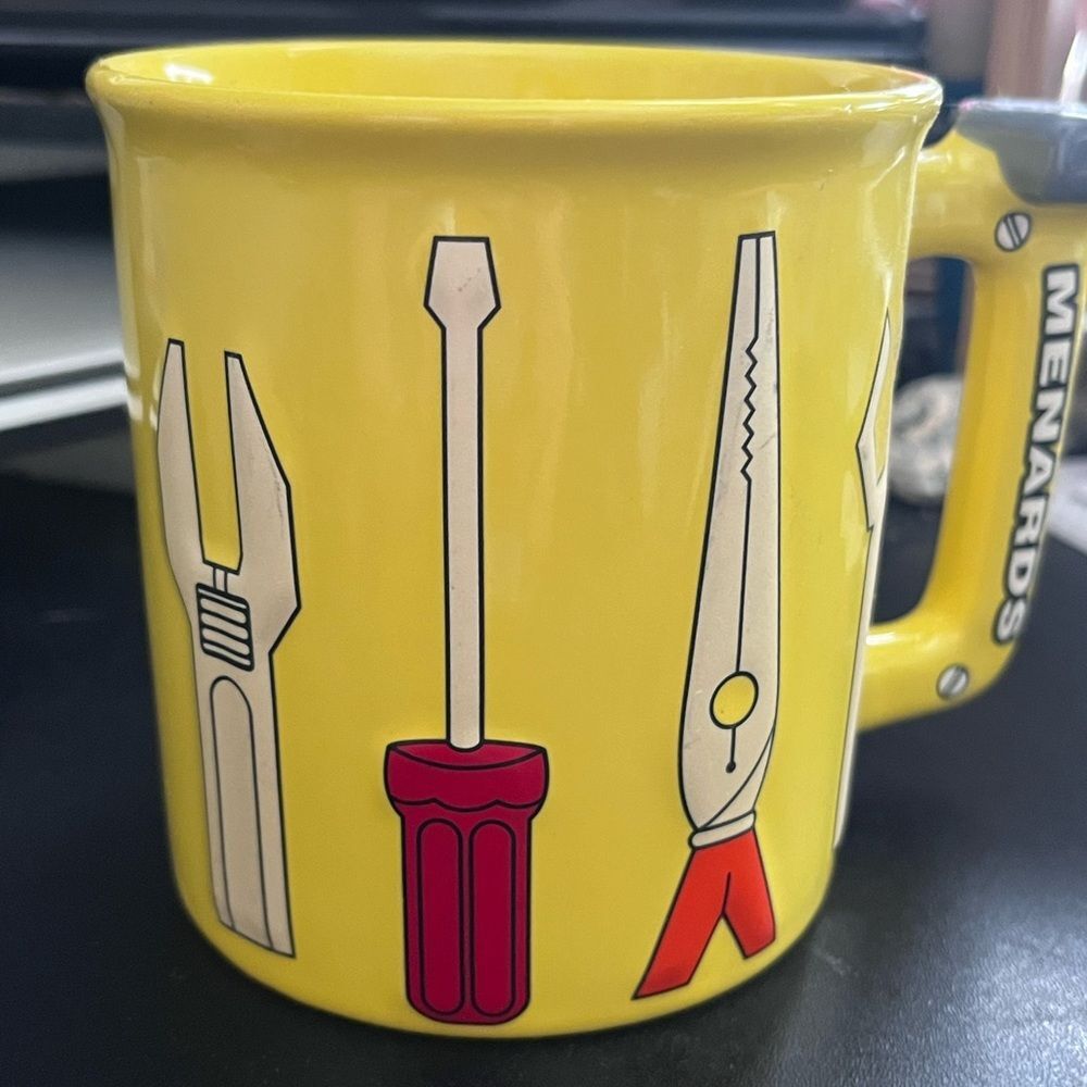 Menards yellow coffee cup mug tools handyman theme